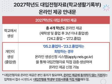 2027학년도 대입전형자료(학교생활기록부) 온라인 제공 안내문(새창)